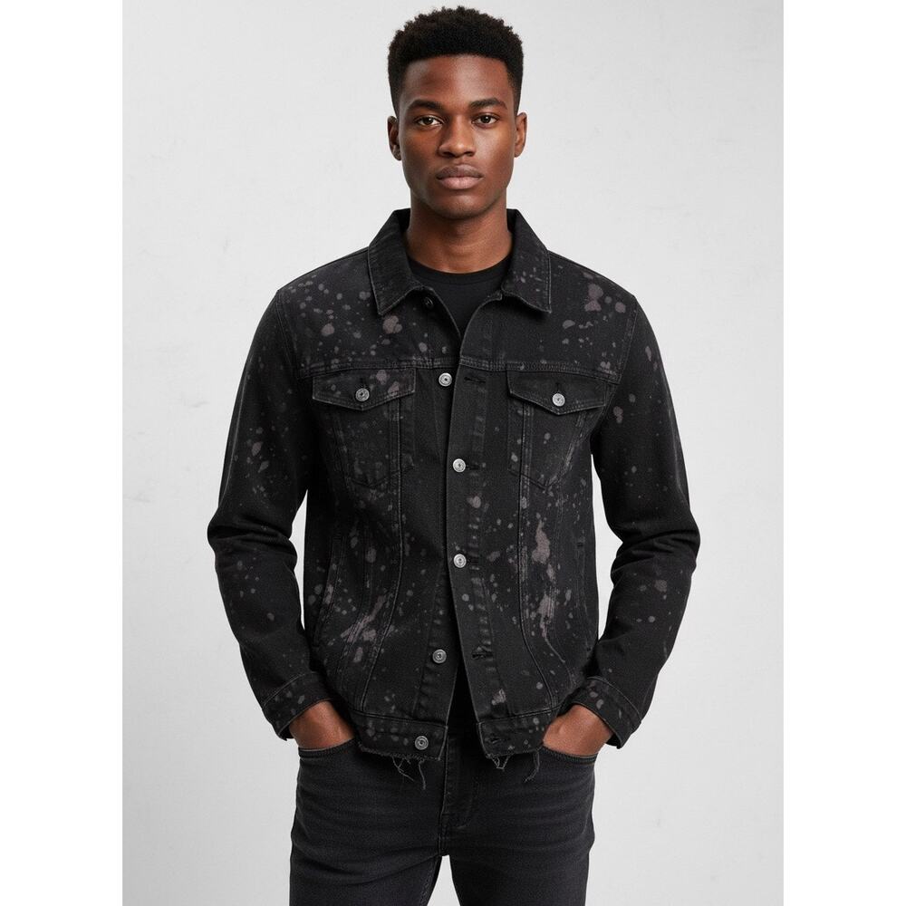 Boohoo Men’s Black  Jean Jacket Sz. Lrg EUC  Black Splattered distressed hem